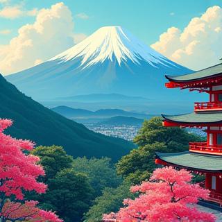 日本の風景と花を組み合わせたデジタルイラスト